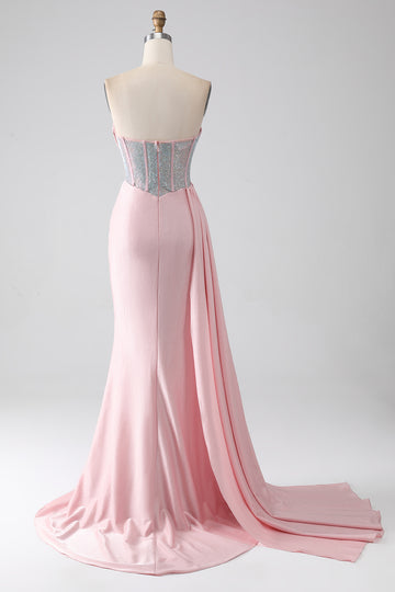 Pink Mermaid Strapless Beaded Pleated Long Prom Dress With High Slit